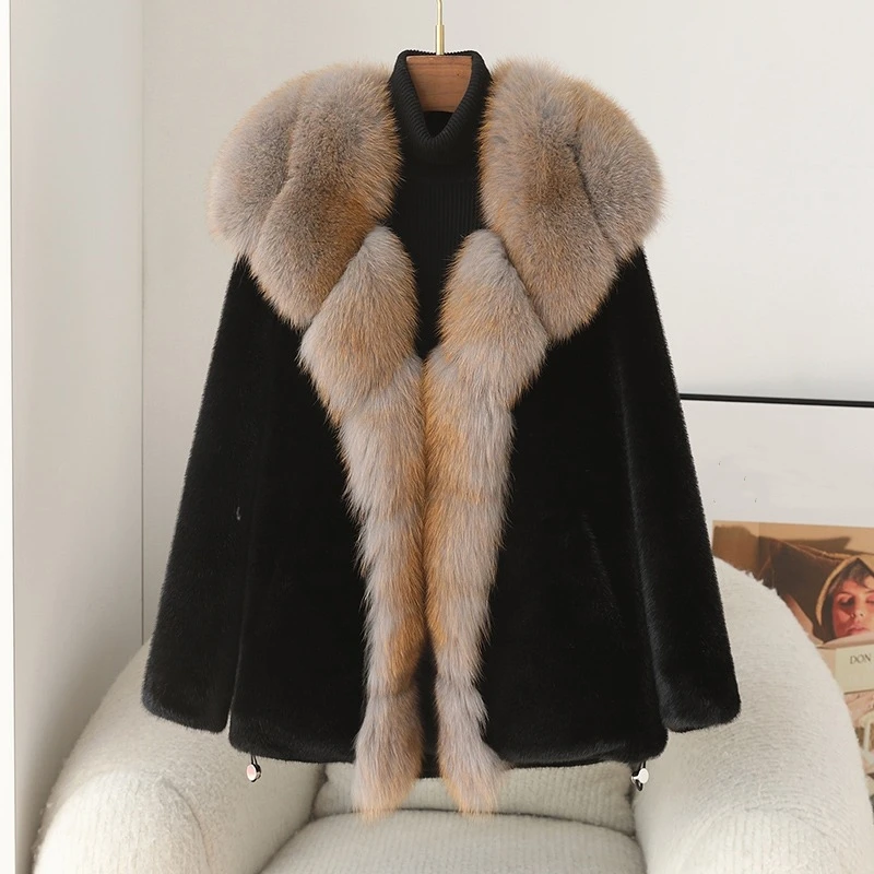 

PUDI 2024 Winter Middle-aged Faux Mink Fur Coat Female Fox Fur Collar Luxury Warm Short Jacket Parka CT410