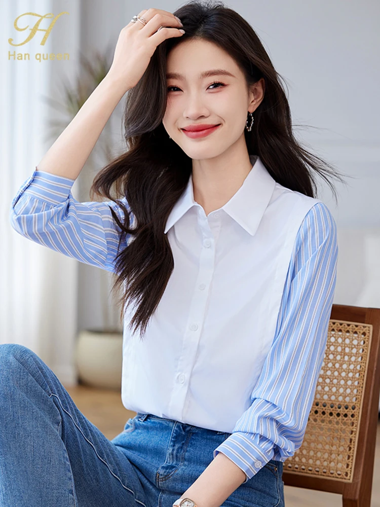 

H Han Queen Autumn Korean Women Colorblocking Stripes Vintage Tops Long Sleeve Casual Office Shirts Simple Office Elegant Blouse