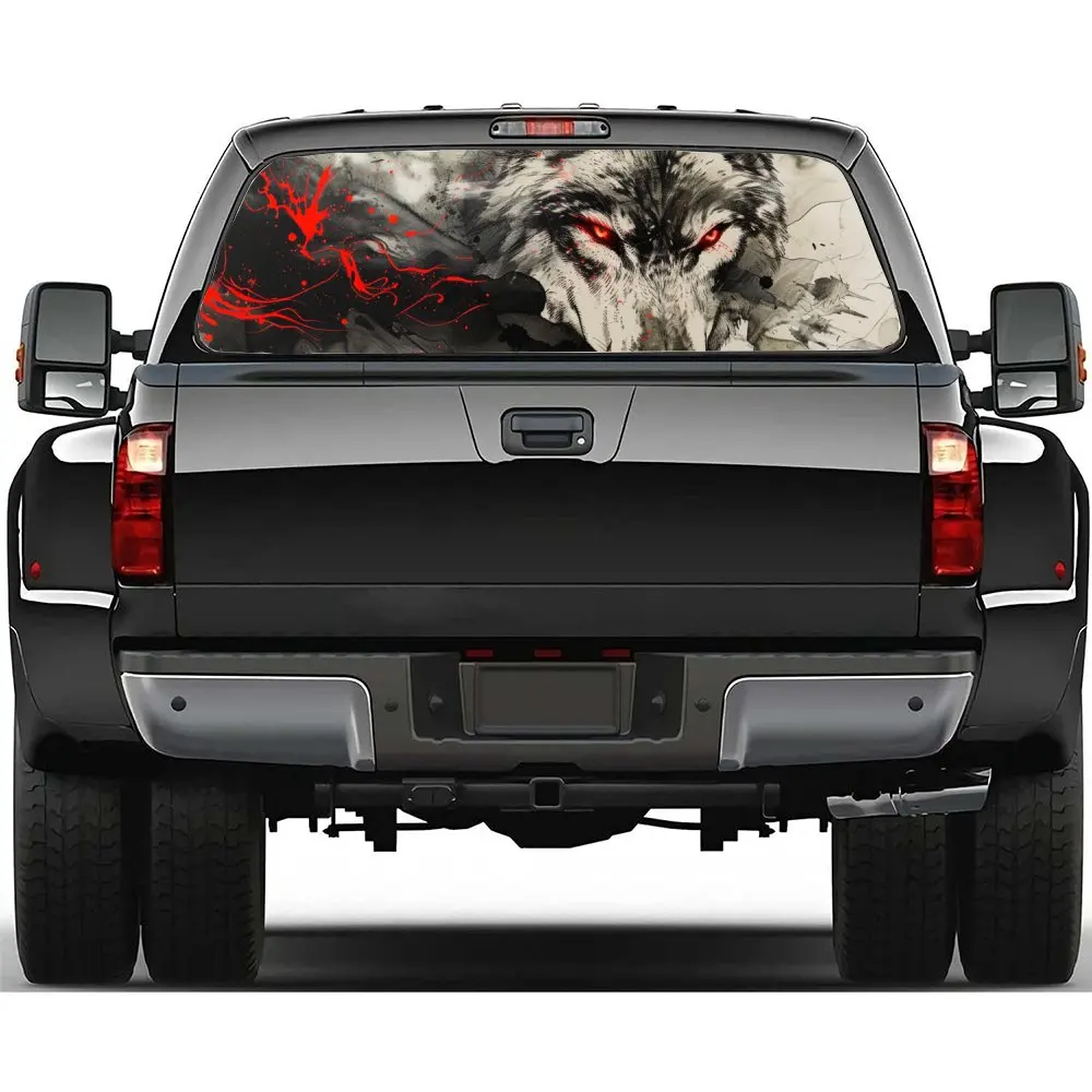 

Fierce Red Eyed Wolf with Blood Car Rear Windshield Sticker Truck Window See Through Perforated Back Window Vinyl Decal Decor