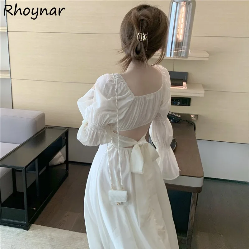 

Dresses Women Spring Square Collar Lace-up A-line Backless Flare Sleeve Elegant Princess French Style Vacation Graceful Female