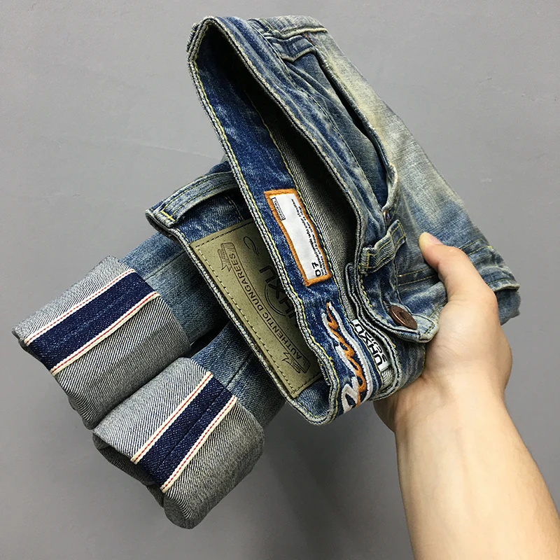 

High Quality Red Selvedge Denim Jeans for Men Vintage American Casual Distressed Scraped Washed Slim Fit Straight Pants Spring