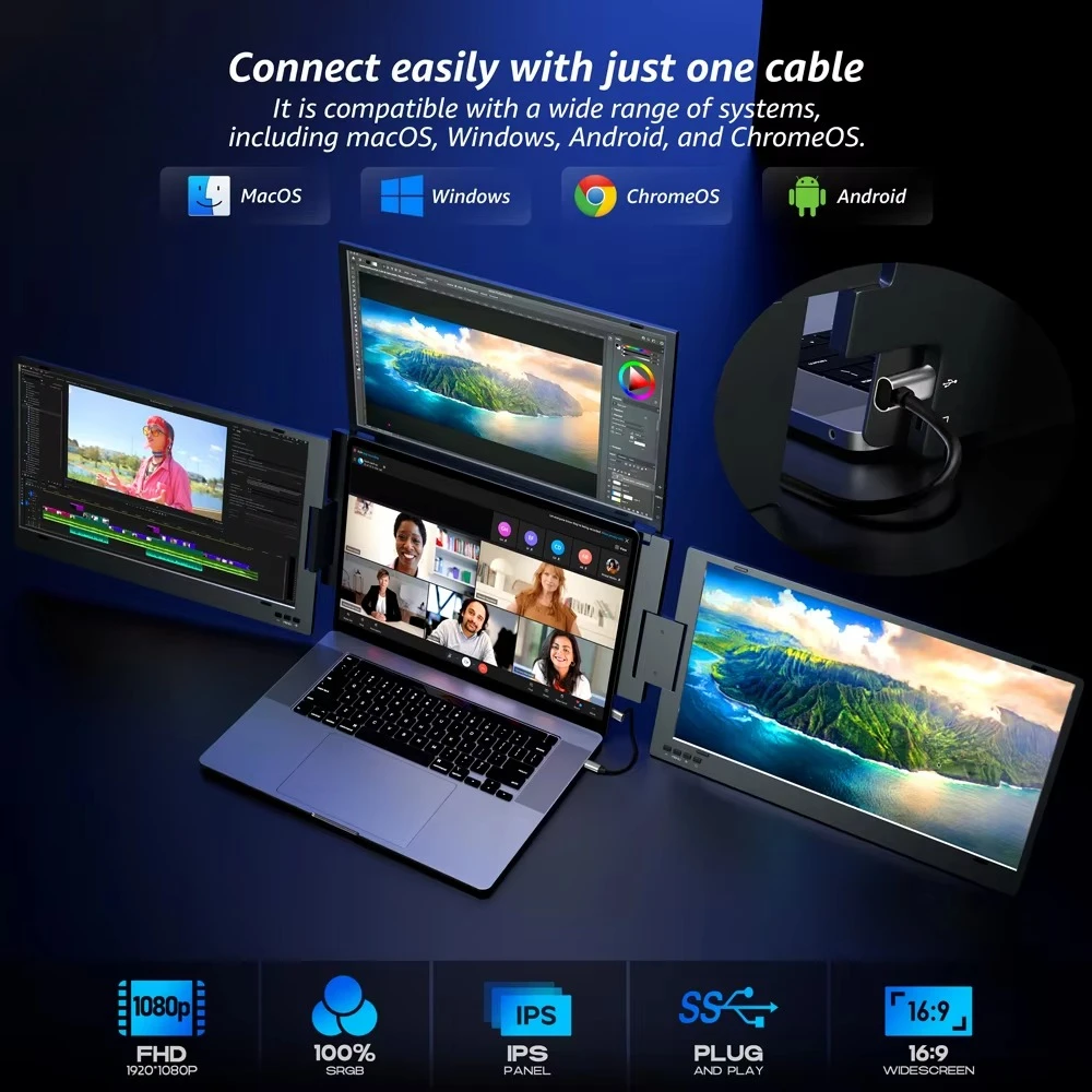 Brand New Portable Triple Monitor FHD LCD Gaming Monitors with Stand, External Computer Monitor