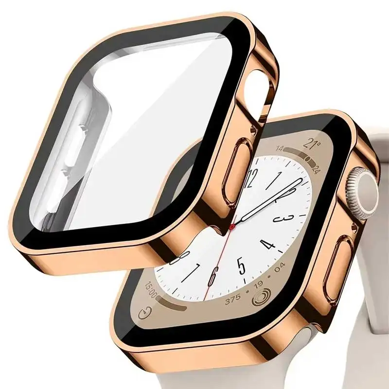 Glass+cover For Apple Watch case series 9 8 7 6 5 4 se 44mm 40m 41mm 45mm Straight Edge Screen Protector apple watch accessories