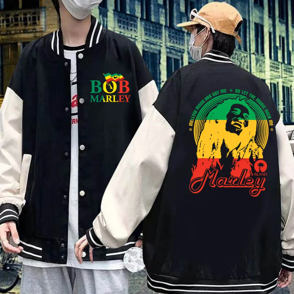 Fashion Singer Bob Marley  Baseball Uniform Hoodies Hiphop Rapper Black Reggae Music Jacket  Sweatshirts