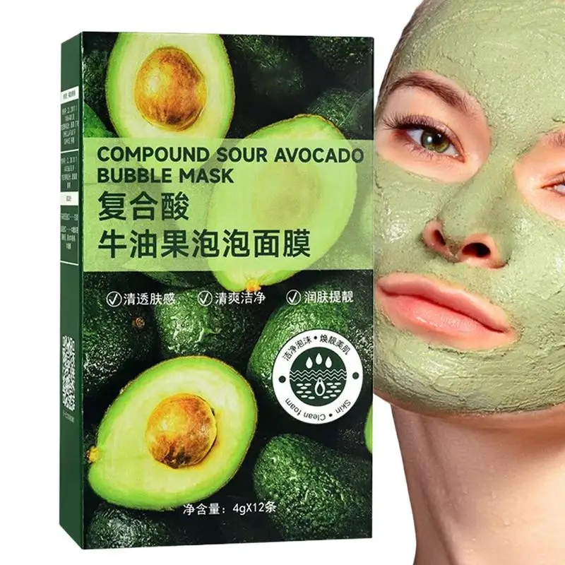 12pcs Compound Sour Avocado Bubble Mask Purifying Removal Blackhead Face Mud Moisturizing Hydrating Oil Control Mask Face Masque