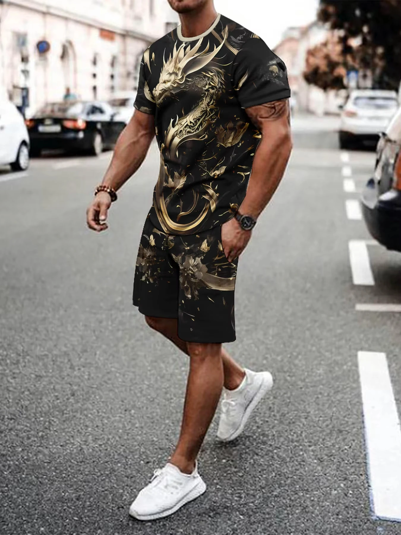 

3d Golden Dragon Summer Men Tracksuit Women Sports Suit Men's T-shirt Five-point Pants Set Adult Sports Kid T-shirt Tracksuit