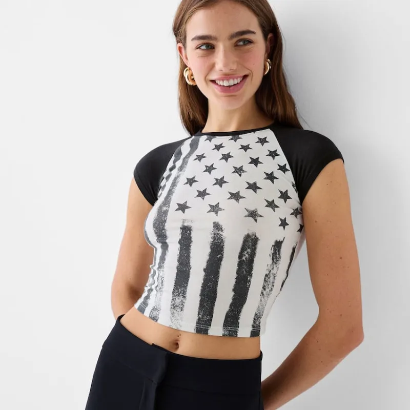 

Y2K short-sleeved stylish T-shirt Women's Summer American retro Star print spliced sleeve blouse