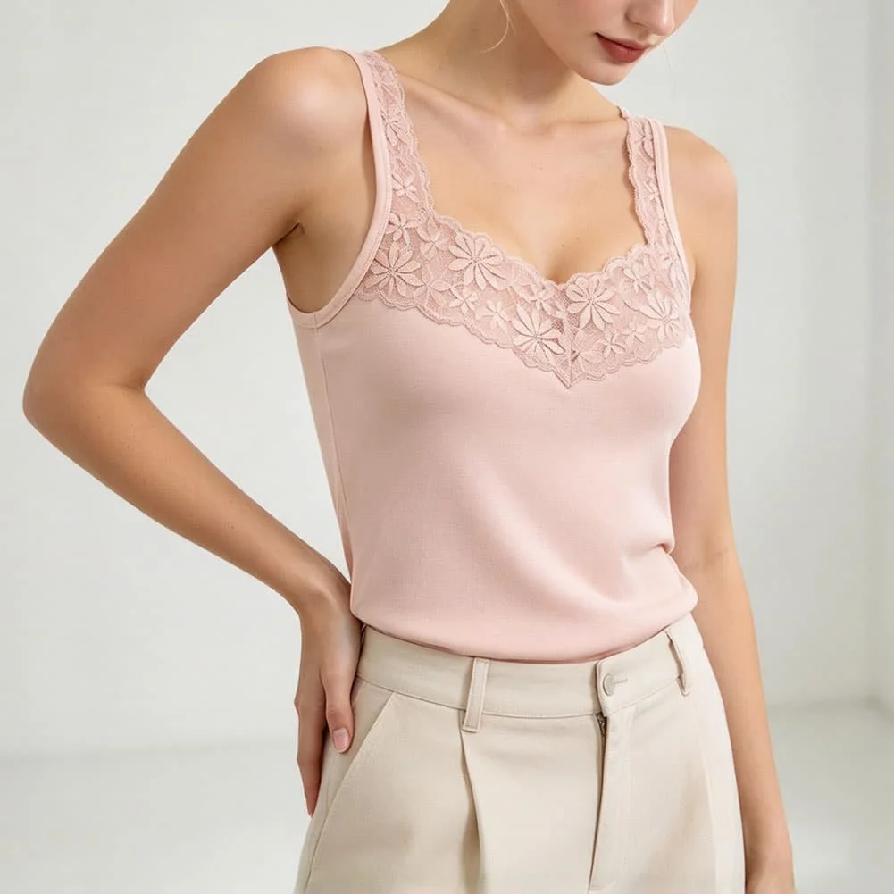 Women's V-Neck Floral Lace Panel Fitted Tank For Top for Summer Vacation Beach Cycling Outfit Regular Length Polyester Vest
