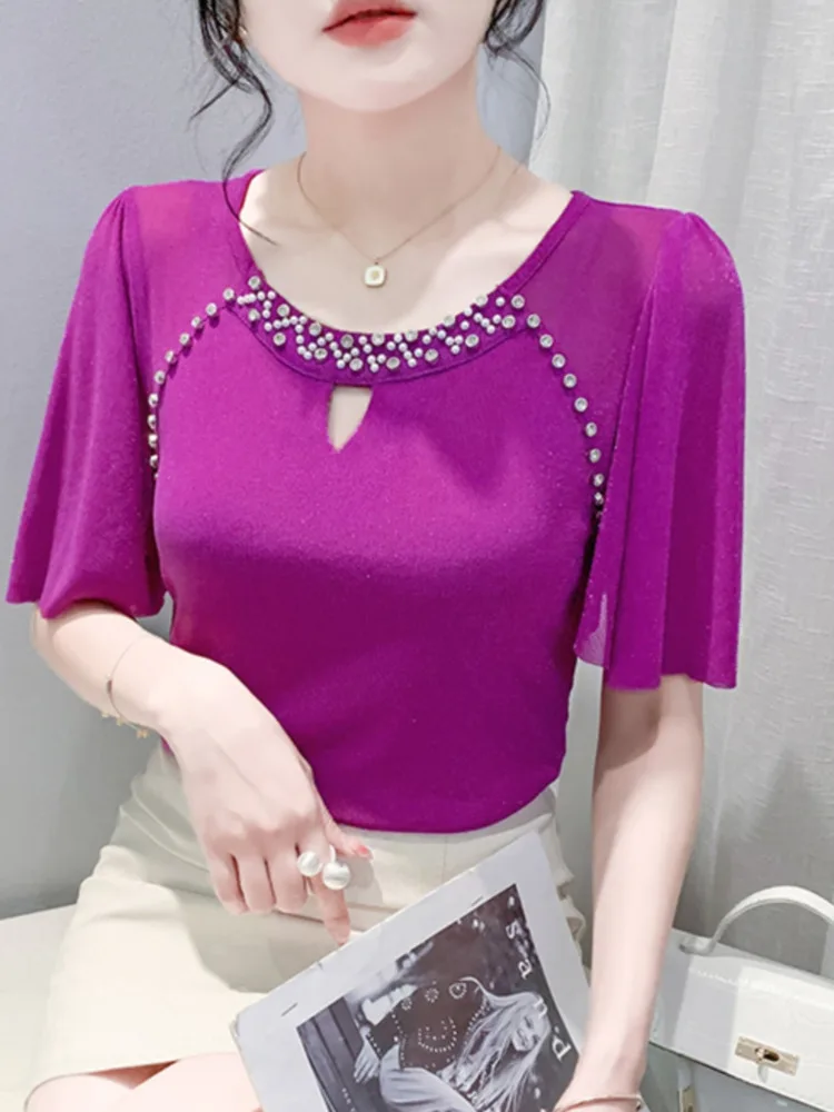 #7241 Black Red Purple Stretch Mesh Short T Shirt Women Round Neck Diamonds Thin Sexy Skinny Tshirt Female Ruffles Sleeve Summer