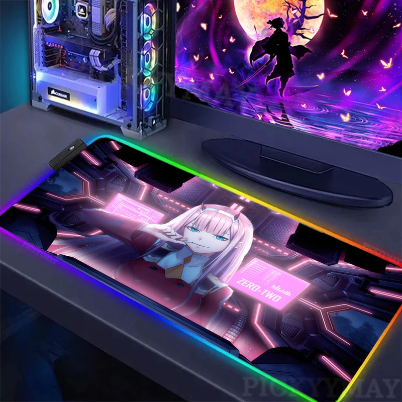 Zero Two RGB Mousepad Large Gaming Mousepads Luminous Mouse Pads Sexy Anime Big LED Mause Mat Desk Pad Backlit Keyboard Mats