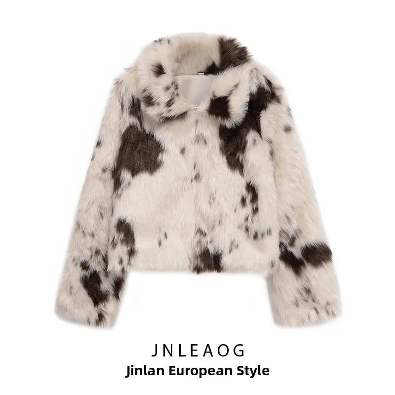 

Женская модная шуба из искусственного меха с животным принтом JNLEAOG, осенняя новинка, универсальный дизайн, приталенный крой, полиэстер, короткая модель J...