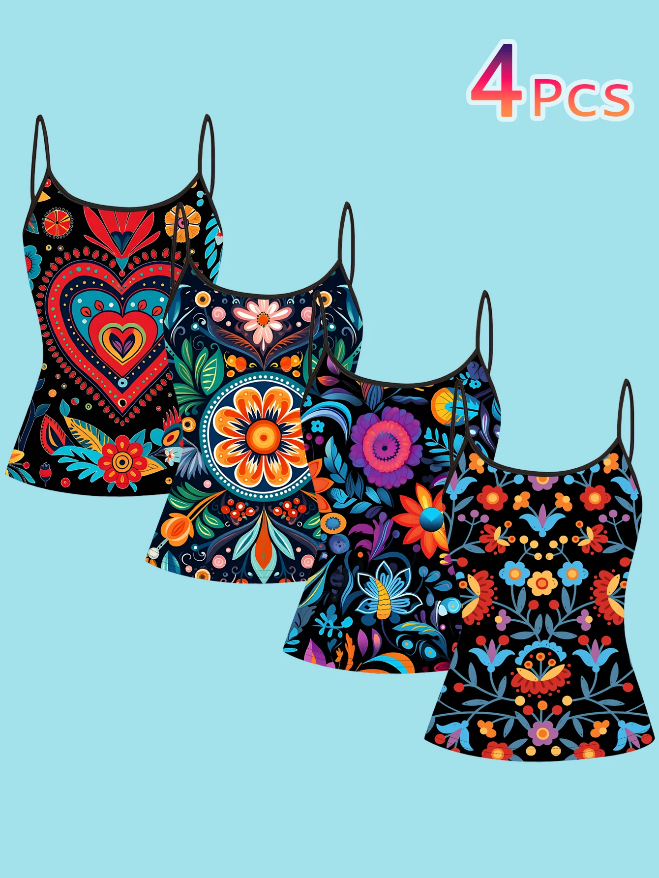 4-Piece Set of Black Mexican Folk-Style Floral Camisoles for Women, Ethnic Mandala Floral Slim-Fit Spaghetti Strap Tops