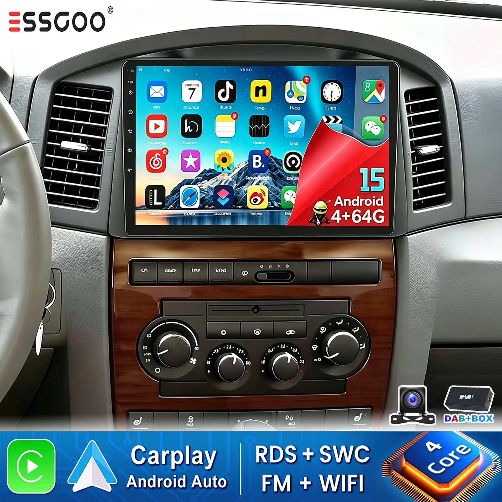 ESSGOO Autoradio Android 15 con Schermo Touch HD da 10.1" per Jeep Grand Cherokee 2005-2007, Carplay, Android Auto, GPS, RDS, 2 DIN