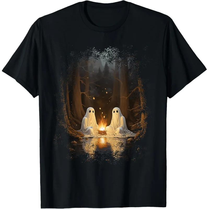 Vintage Ghost Bonfire Camping Gothic Halloween Pattern Printed T-shirt