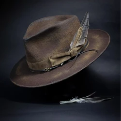 British Style Trilby Hat for Male Ladies Distressed Carnivals Woolen Trilby Hat Winter Autumn Hat with Feather Designed