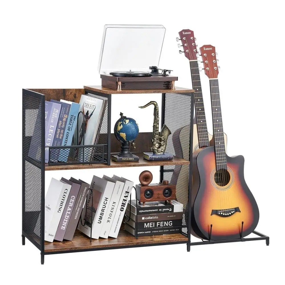 

3-Tier Vinyl Record Stand with Guitar Holder and Storage Cabinet Holds Up to 300 Albums Metal Mesh Frame Black for living Room