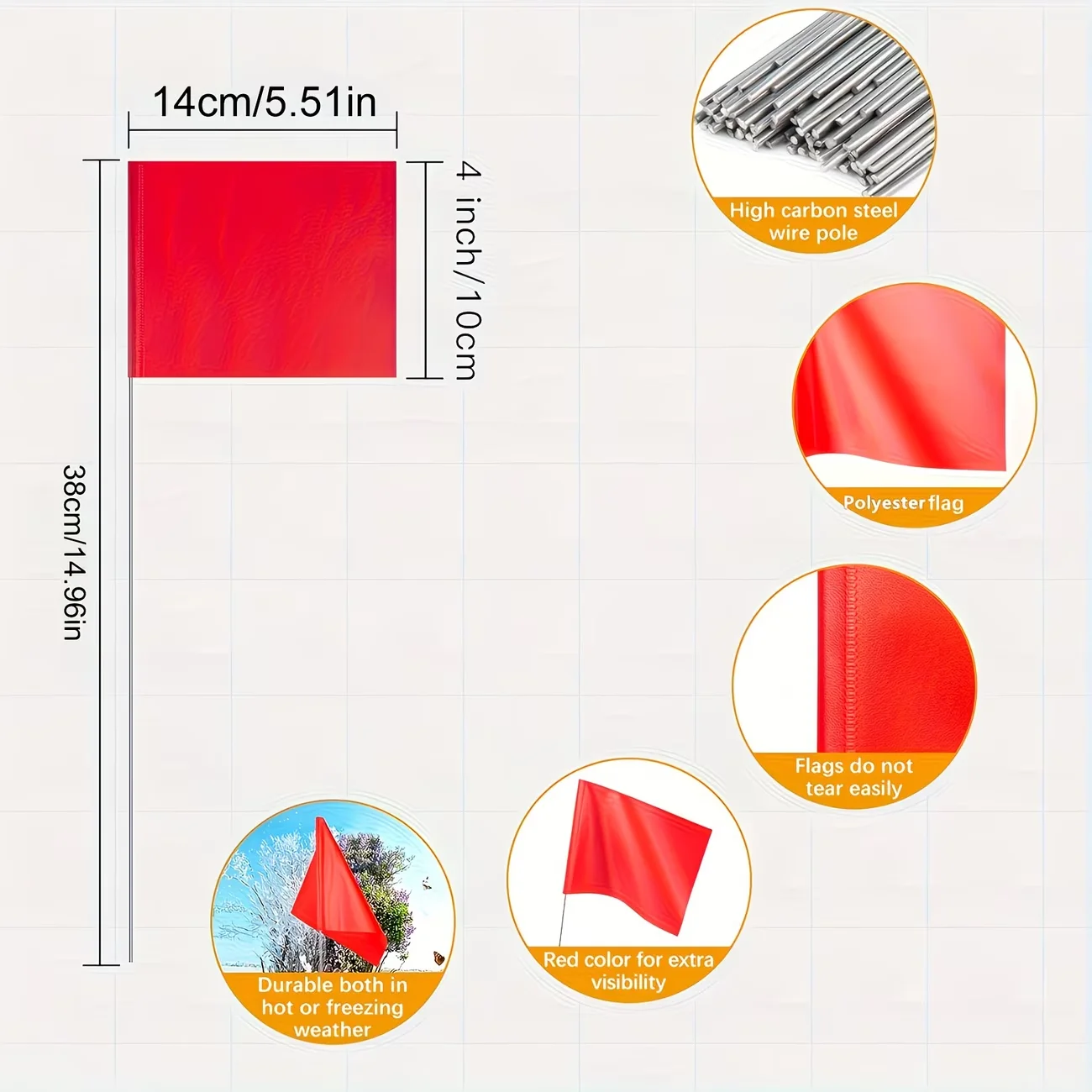 10-PCS Red Polyester Marker Flags Stainless Steel Poles All Weather Survey Landscape Marking Stakes