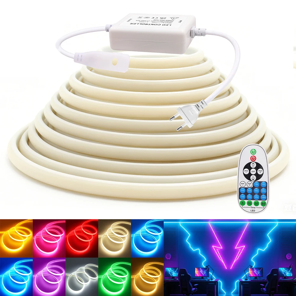 

Светодиодная неоновая лента с регулируемой яркостью 220 В COB, 23 клавиши, комплект дистанционного управления европейского стандарта, красный, зеленый, синий, теплый белый, IP67, 288 светодиодов, гибкая лампа для домашнего декора