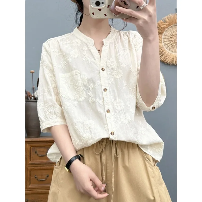 

Women's Cotton Embroidered Half Sleeve Shirt Loose Floral Embroidery Blouse