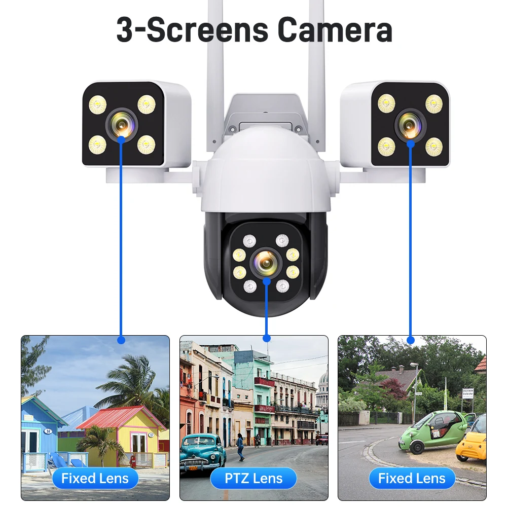 900W WiFi Security Camera Smart Home Three Lens 360 Wireless Outdoor Alarm Sound Effect Night Vision Surveillance Full Color