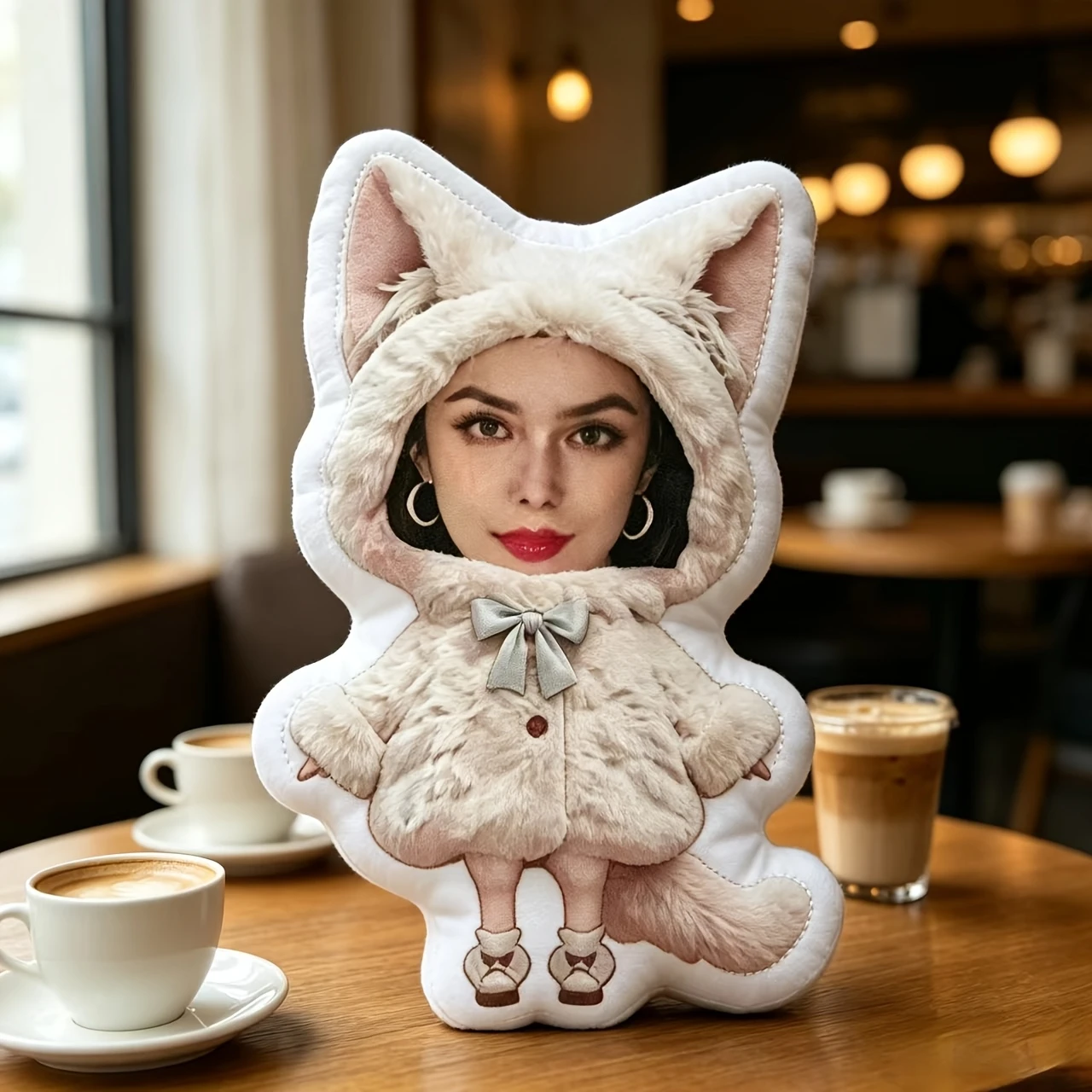 1pc - Customized Throw Pillow, White Fox Outfit Portrait Cushion with Fluffy Ears And Delicate Bow. Upload Your Photo to Customi