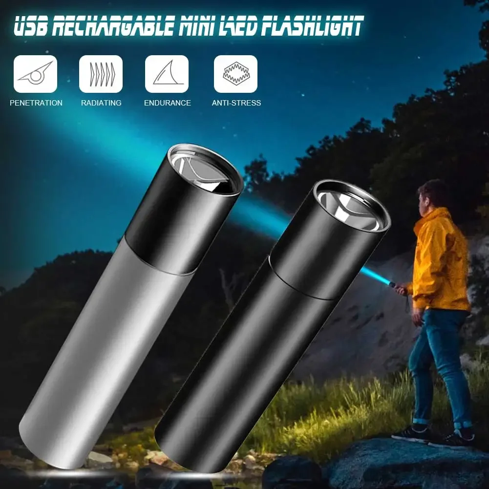 Mini Portable LED Flashlight USB Rechargeable Small Pocket Light Built In Battery Telescopic Camping Searching Lantern