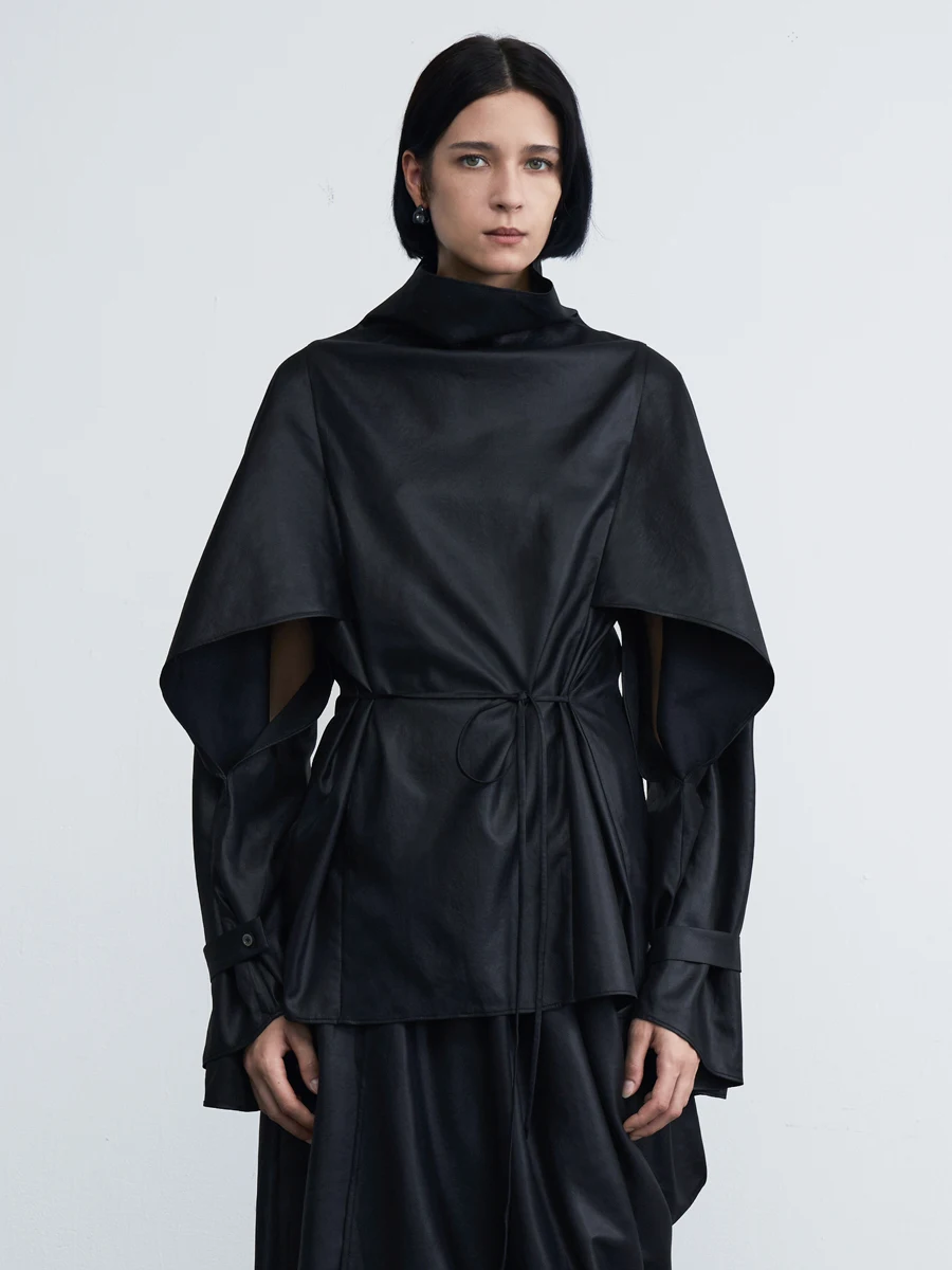 

NNJ Черное атласное пальто с высоким воротником, свободный крой, длинный рукав, модная удлиненная футболка-туника для женщин, для повседневной носки, из полиэстера