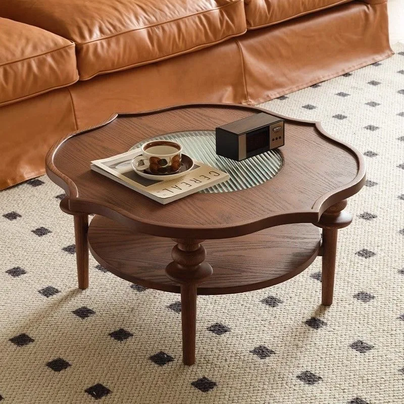 

Coffee Table Side Table French Solid Wood Vintage Round Glass Top Small Living Room Space Saving Furniture Household