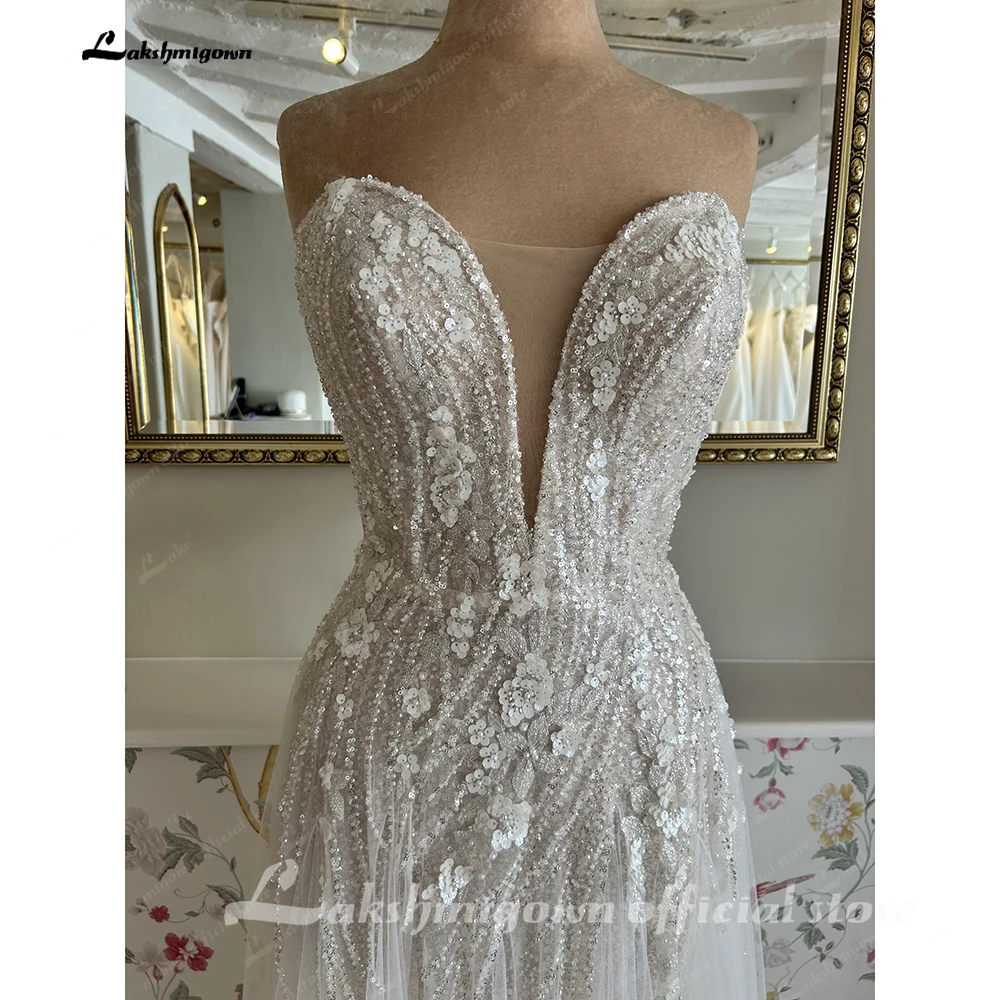 Lakshmigown Schulterfreies Perlen-Spitzenkleid A-Linie V-Ausschnitt Hochzeitskleid für Frauen 2026 Robe Boho Strand Hochzeitsfeier Kleid Maßanfertigung – Detail 9