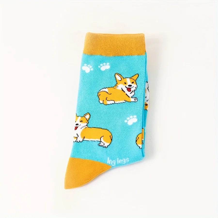 A pair of new winter cartoon cute little corgi pattern men's couple fashion trendy mid-tube socks