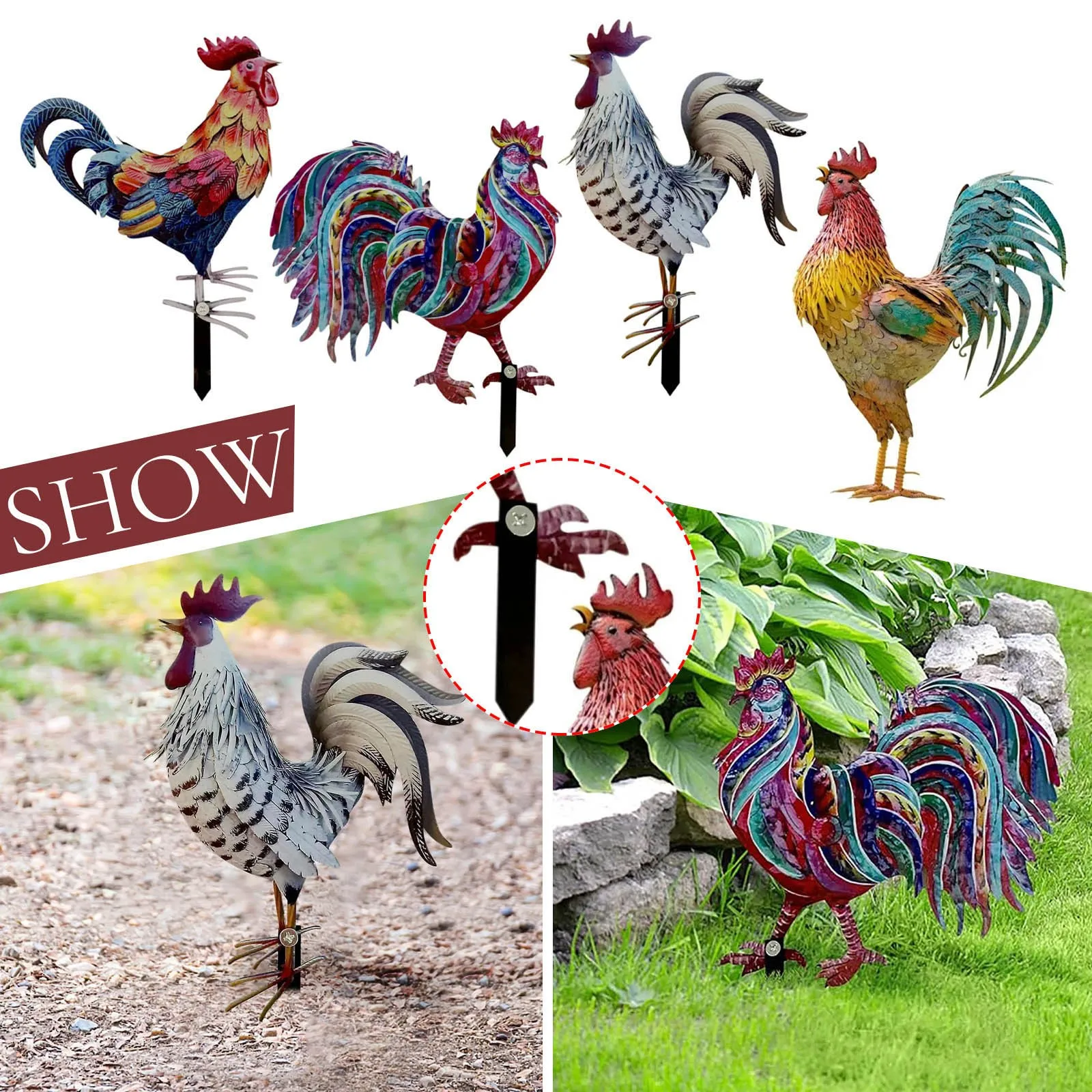 Realistic Chicken Statues Metal Rooster Animals Stakes Sculptures Decor Home Art Decor For Backyard Patio Floor Plug