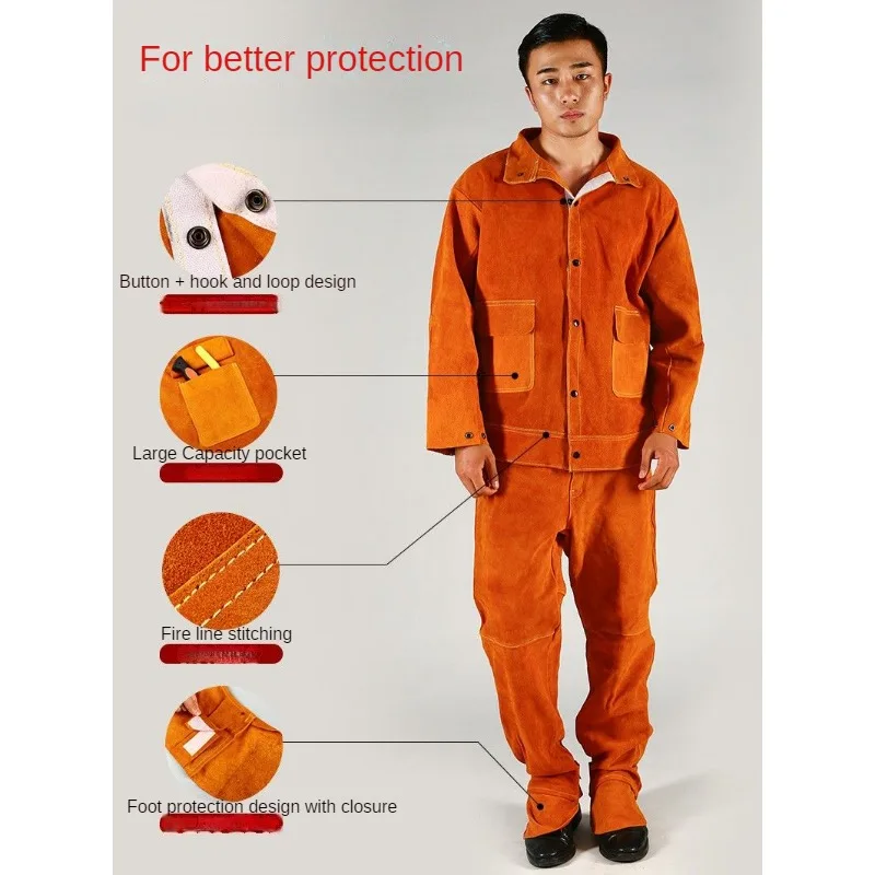 Cowhide Electric Welding Apron Welder Protective Clothing Flame Retardant Anti Scalding Welding Work Safety Suit Set Top & Pants