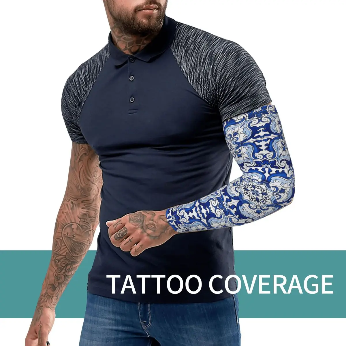 العتيقة الكلاسيكية لشبونة الأزرق Azulejo بلاط الأزهار في الهواء الطلق أكمام أذرع تبريد الشمس الأشعة فوق البنفسجية غطاء للحماية الصيف الدراجات أكمام الوشم