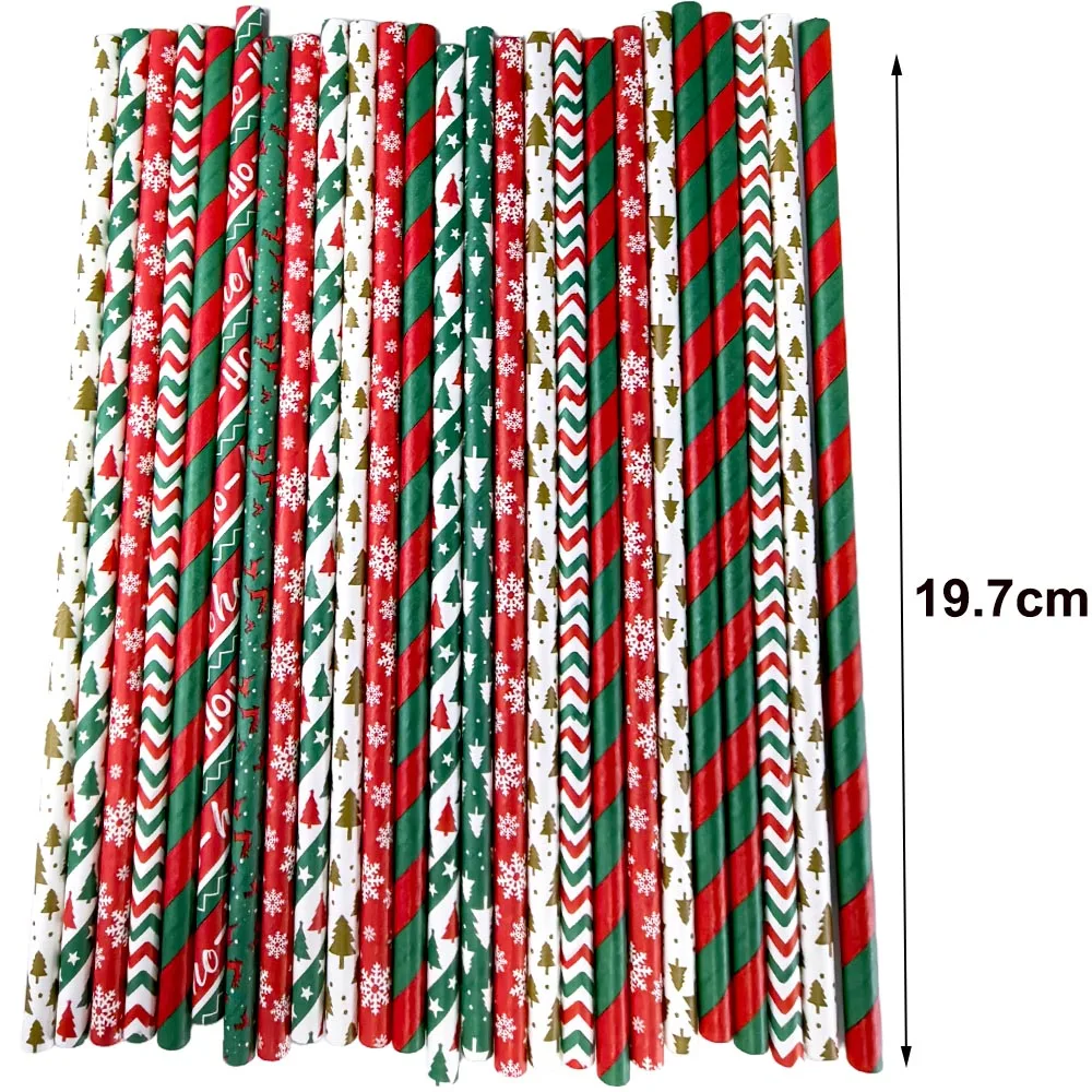 50 stücke Weihnachten Papier Strohhalme Weihnachten Baum Elch Schneeflocken Gestreiften Strohhalme Einweg Biologisch Abbaubare Trinkhalme Weihnachten Liefert – Detail 2