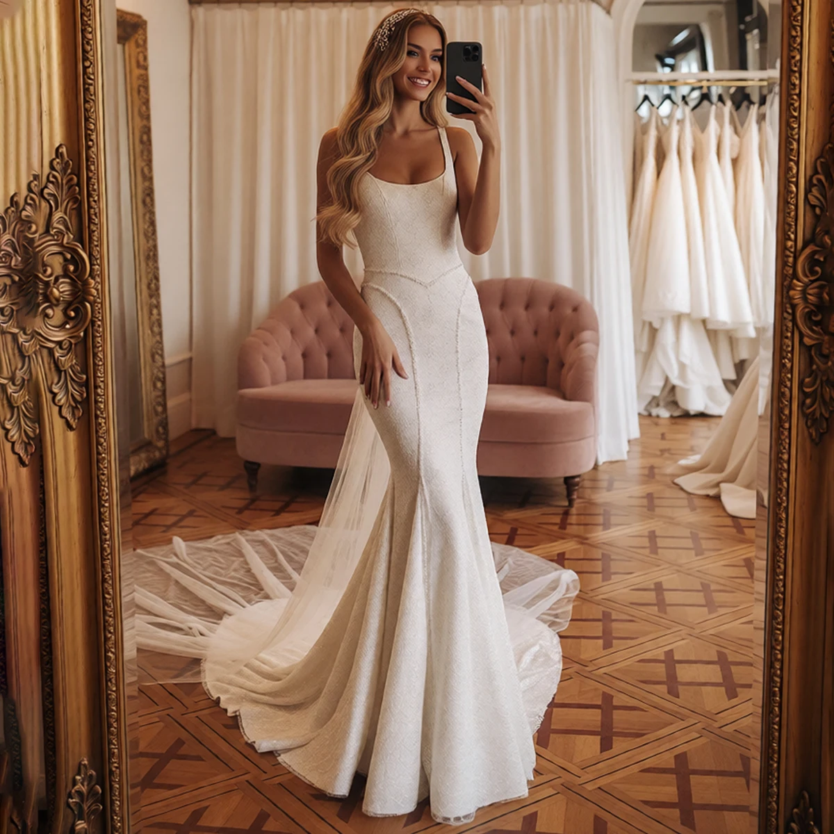 

Elegant Beaded Mermaid Square Collar Wedding Dresses With Train Long Sheath Bridal Gown For Women Vestidos Novia