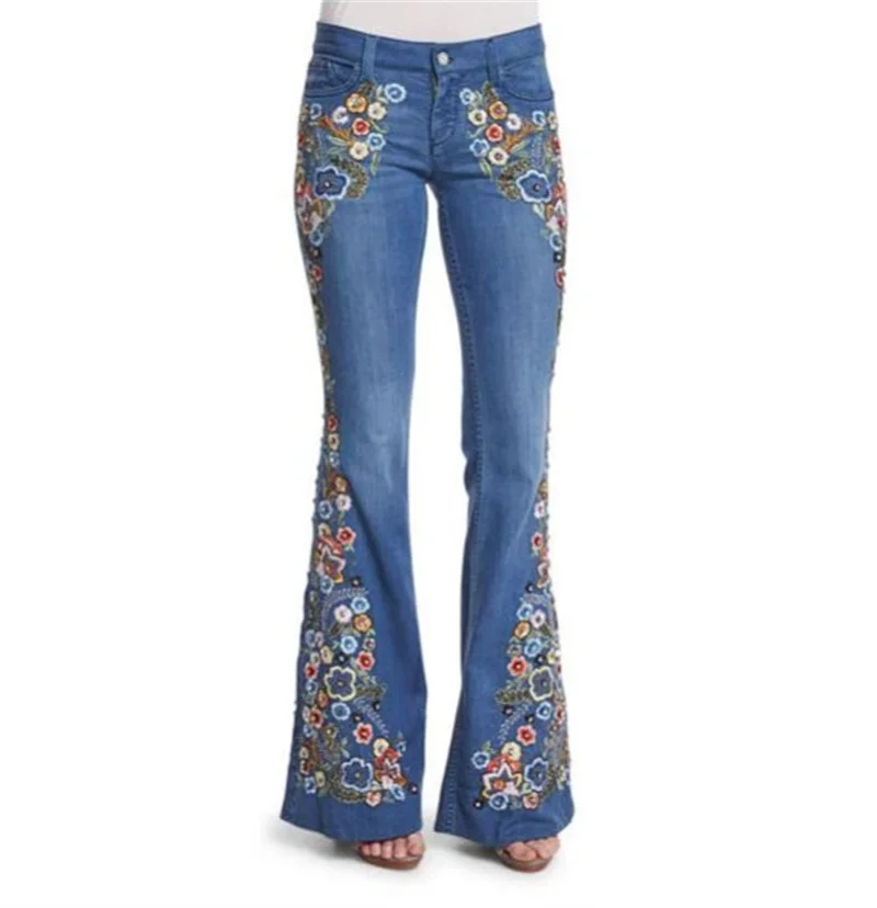 Elegant Embroidered Flowers Micro Flared Jeans Women\'s Intelligent Style Mid Waist Button Splicing Denim Pants Washable Trousers