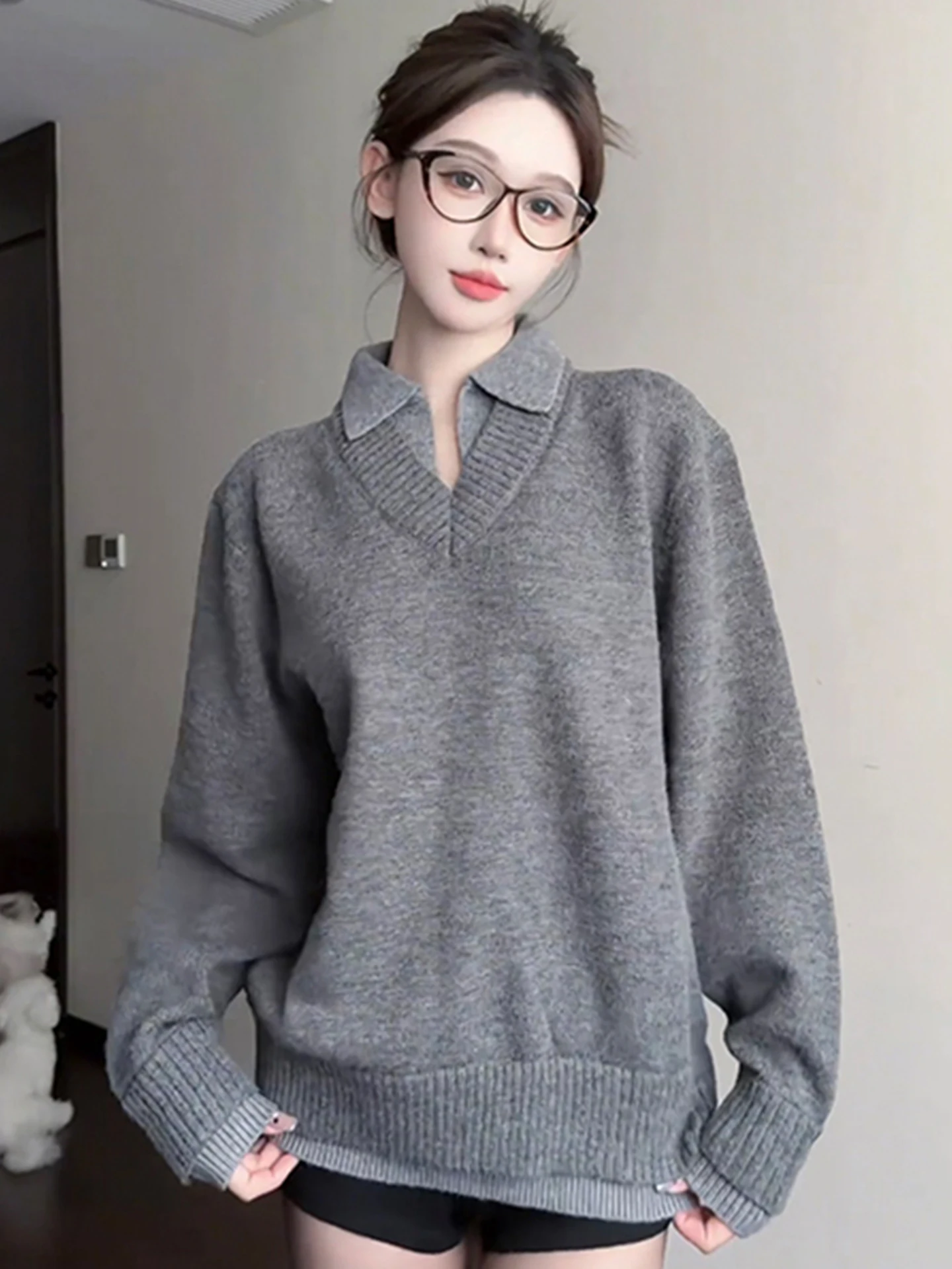 

Ретро-свитер унисекс с V-образным вырезом, имитация двухслойности, свободный крой, комфортный, осенний, для создания уютного образа