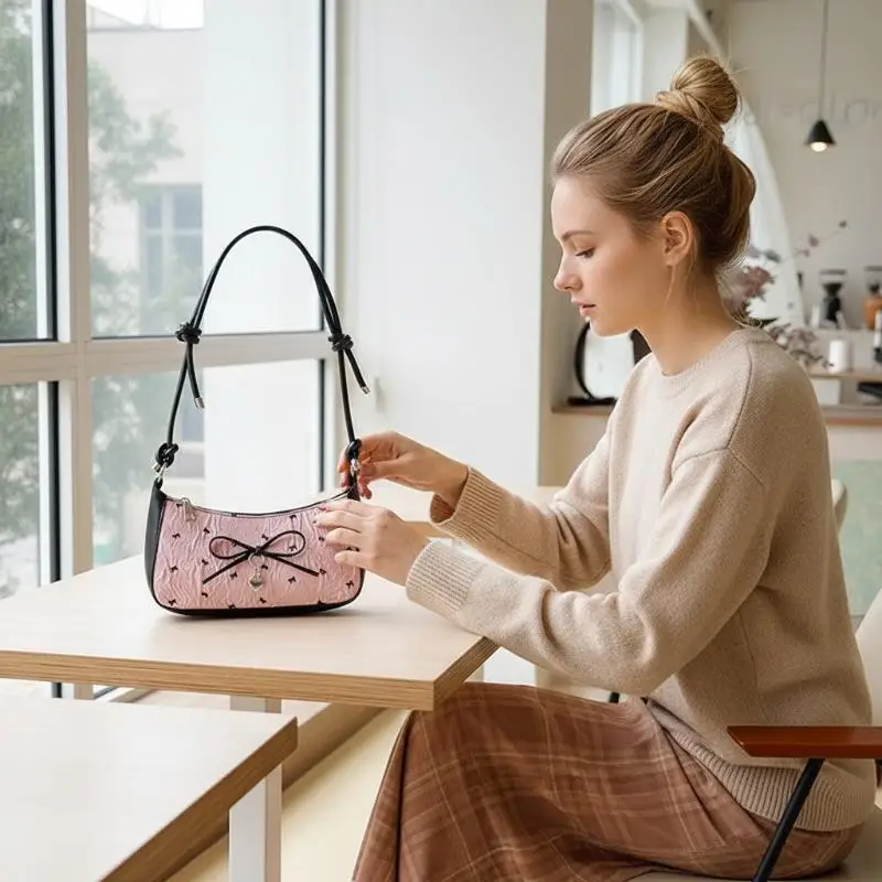 1Pcs New Fashionable And Versatile Texture Light Luxury Single Shoulder Small Square Bags Y2k Pink Bow Armpit Bag For Women
