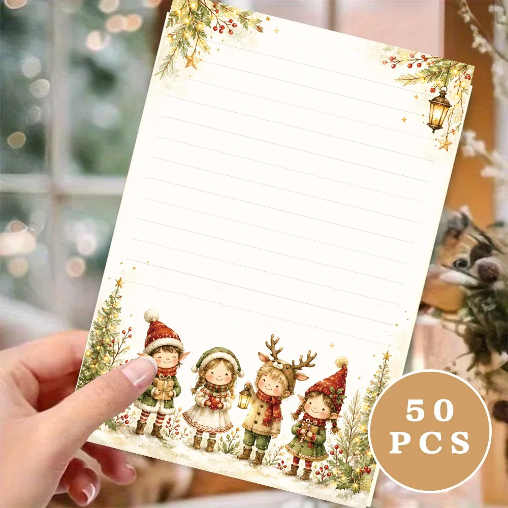 50 Sheets,Retro Christmas Elf -themed Writing Paper, Lined, Glue-free, Perfect For Notebooks, Memos, And Stickers