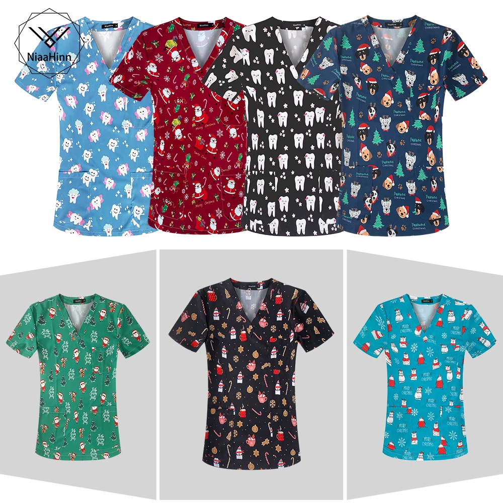 

Unisex Hospital Medical Scrubs Nursing Uniforms Printed Top Short Sleeve V Neck Working Uniform Blouse Nurse Women Men Work Wear