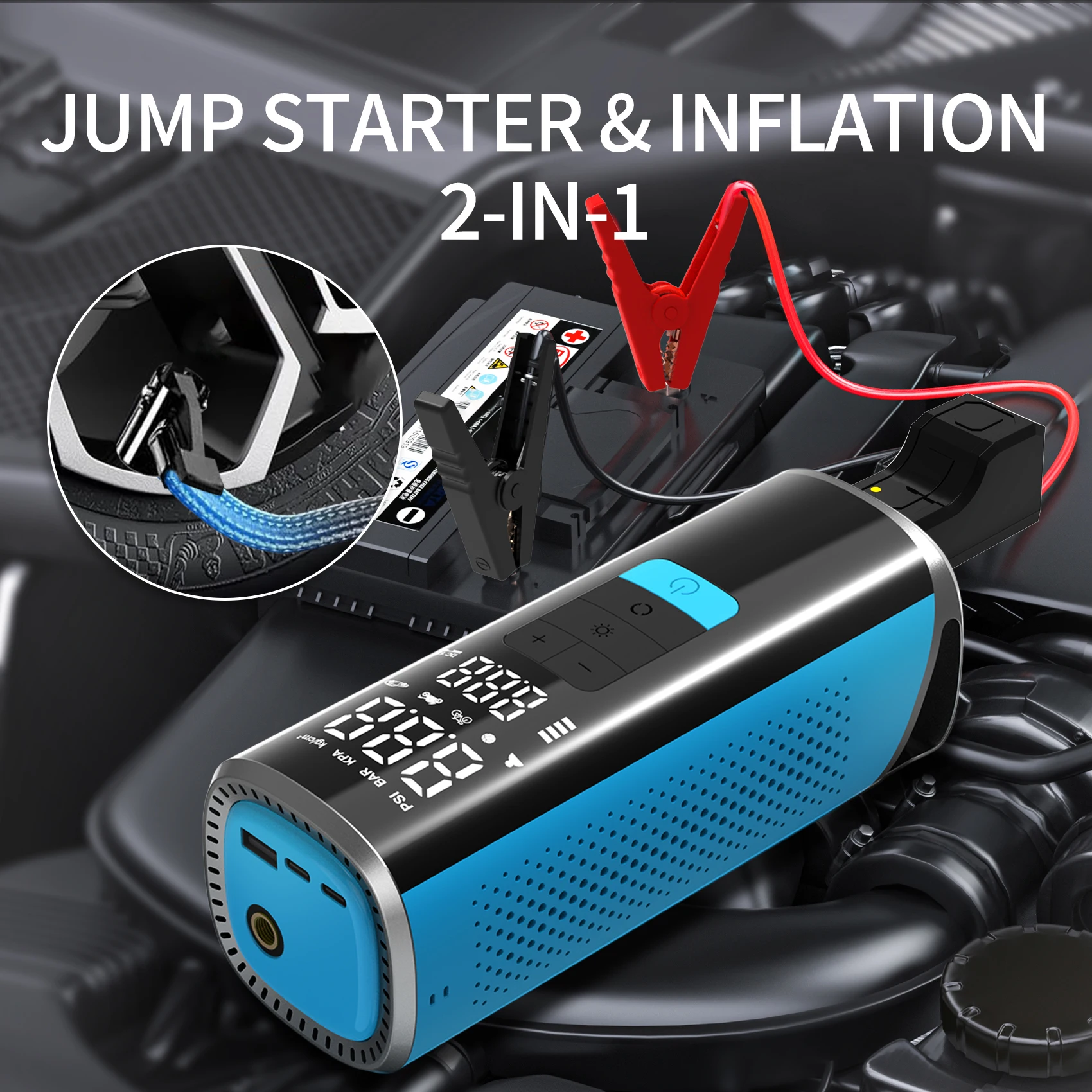 Multifunctional Car Emergency Jump Starter Inflator All-in-One 12000mAh Auto Battery Booster Digital Portable Tire Air Pump