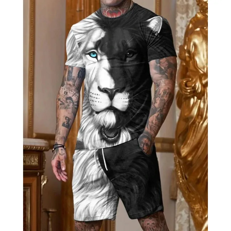 2025 Men's Summer 3D Printed T-shirt and Shorts Set Daily Casual Sports Round Neck Polyester Fiber Material