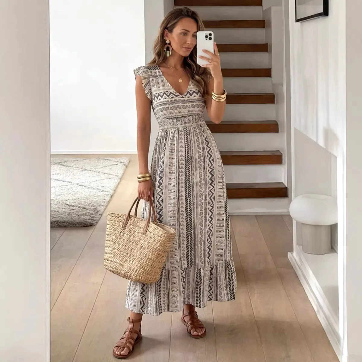

2026 Summer Women's New Printed Dress Seaside Vacation Retro Satin Long Skirt