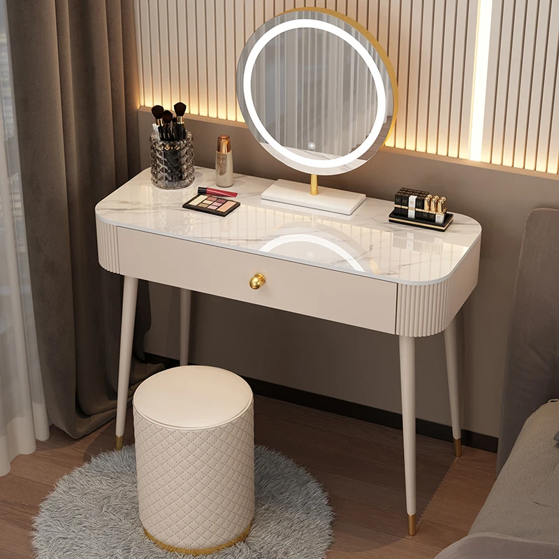 Minimalist White Vanity Table Round Mirror Storage Makeup Vanity Table Luxury Chair Pentiadeira De Maquiagem Home Furniture