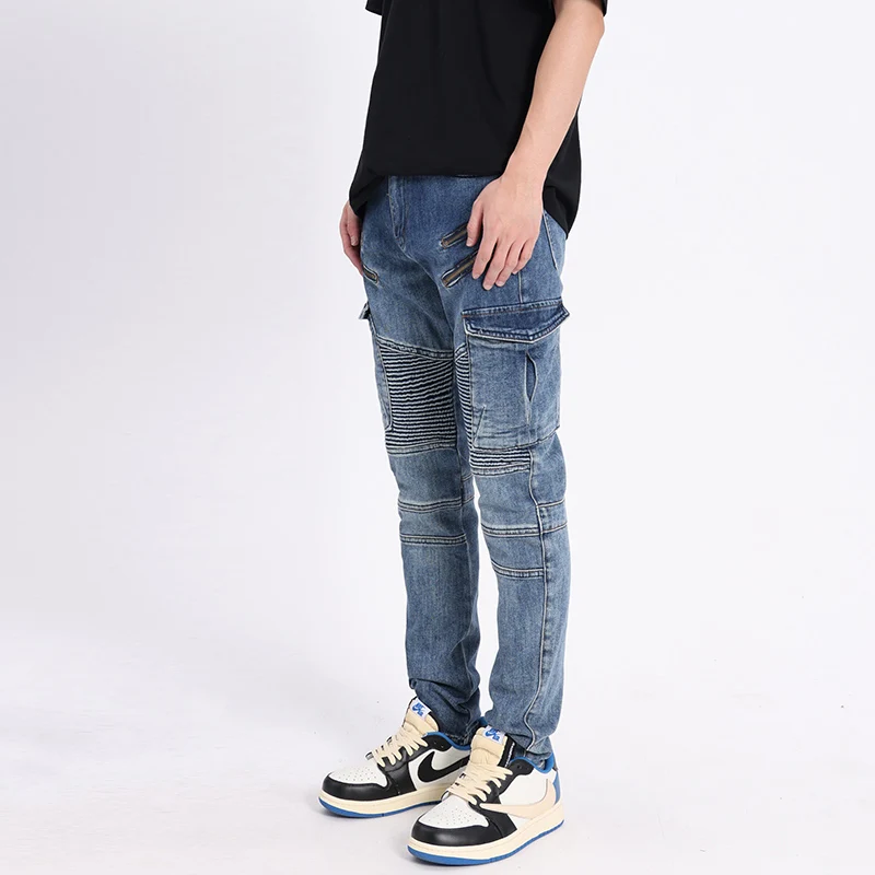 Street Fashion Men Jeans Retro Blue Spliced Patched Elastic Slim Fit Biker Jeans Men Zipper Designer Hip Hop Cargo Pants Hombre