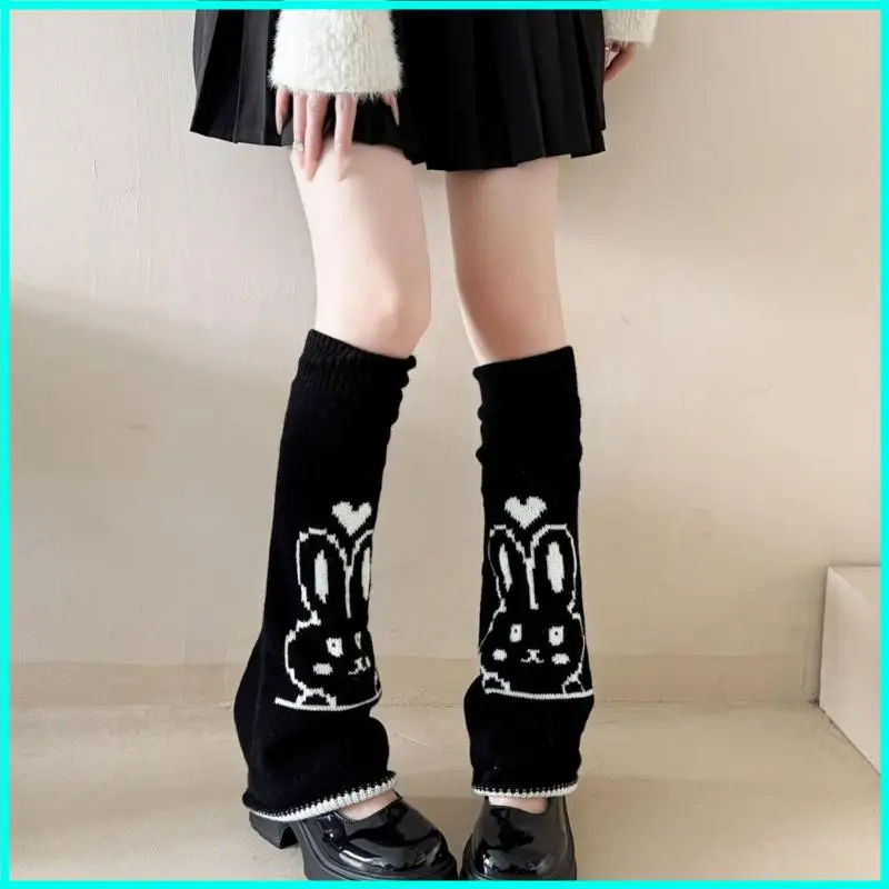 Meias joelho empilhadas elásticas coelho bordado macio estilo acrílico grosso aquecedor pernas para roupas do dia a dia e