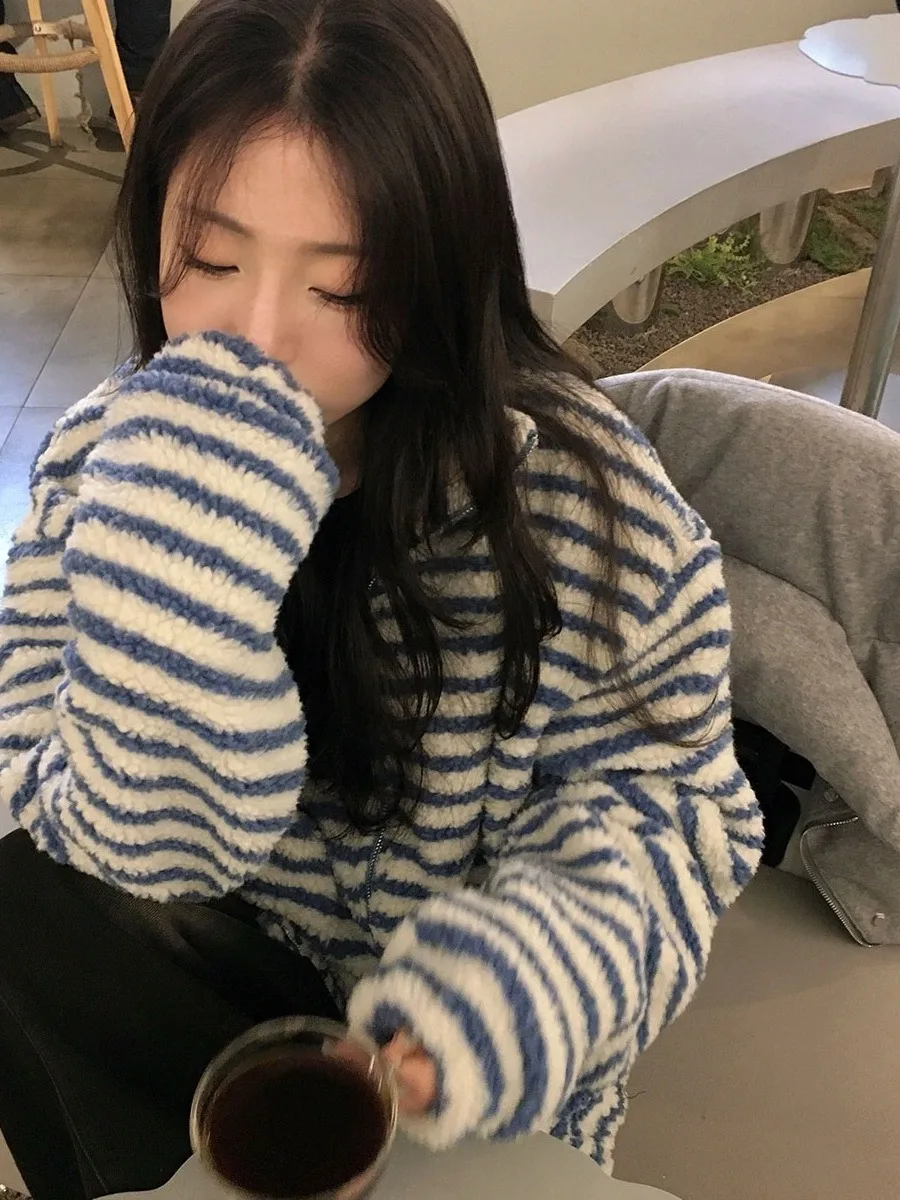 Coreano Sle Winter Faion Fre Stripes Colletto alla coreana Doppia cerniera Design pigro Casual Pelliccia di agnello Felpa Jaet Donna