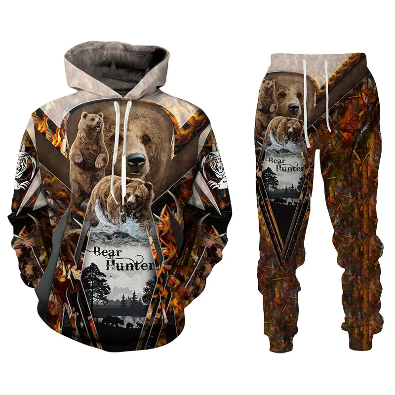 Men’s Hoodies Sets Hunting Bear Bow Hunter Camouflage 3D Printing Hoodies Tracksuit Jogging Pants 2Pcs Sets Clothing Oversize