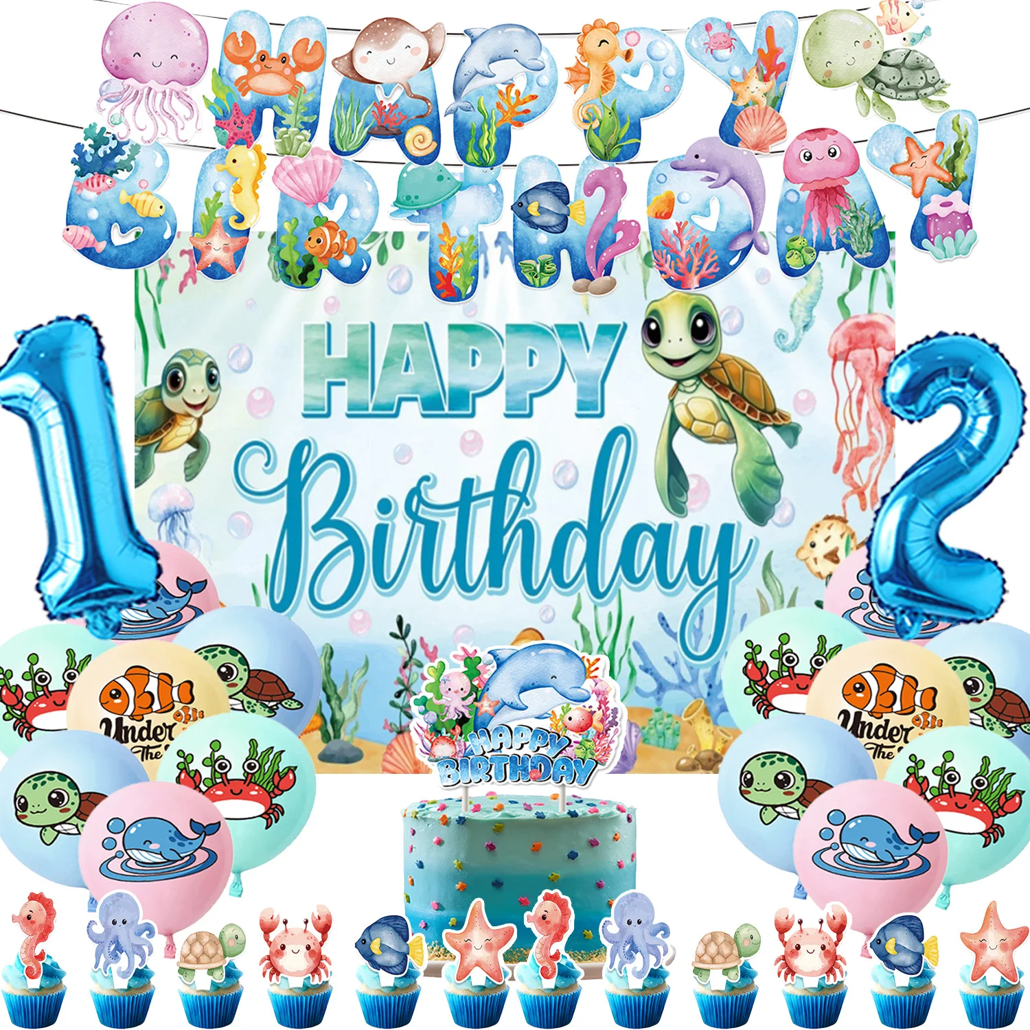 

Underwater World Theme Birthday Party Supplies Cartoon Ocean Turtles Balloon Background Cake Topper Banner Baby Shower Kids Gift