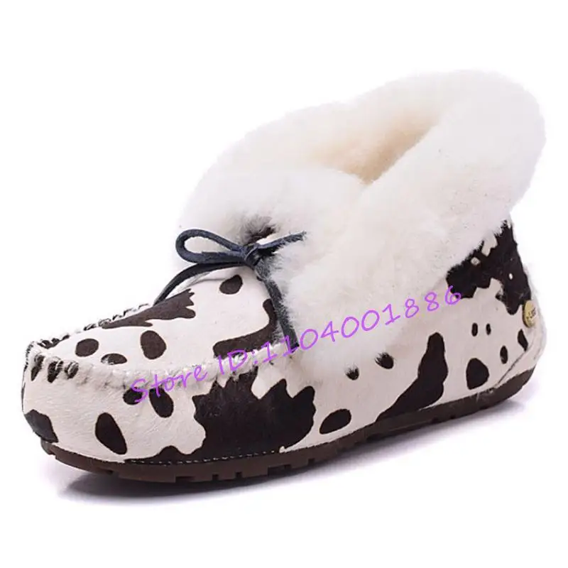 

Winter Wool Warm Snow Boots for Women Trendy Leopard Print Genuine Leather Slip On Flats Fur Bow Comfortable Casual Shoes Size40